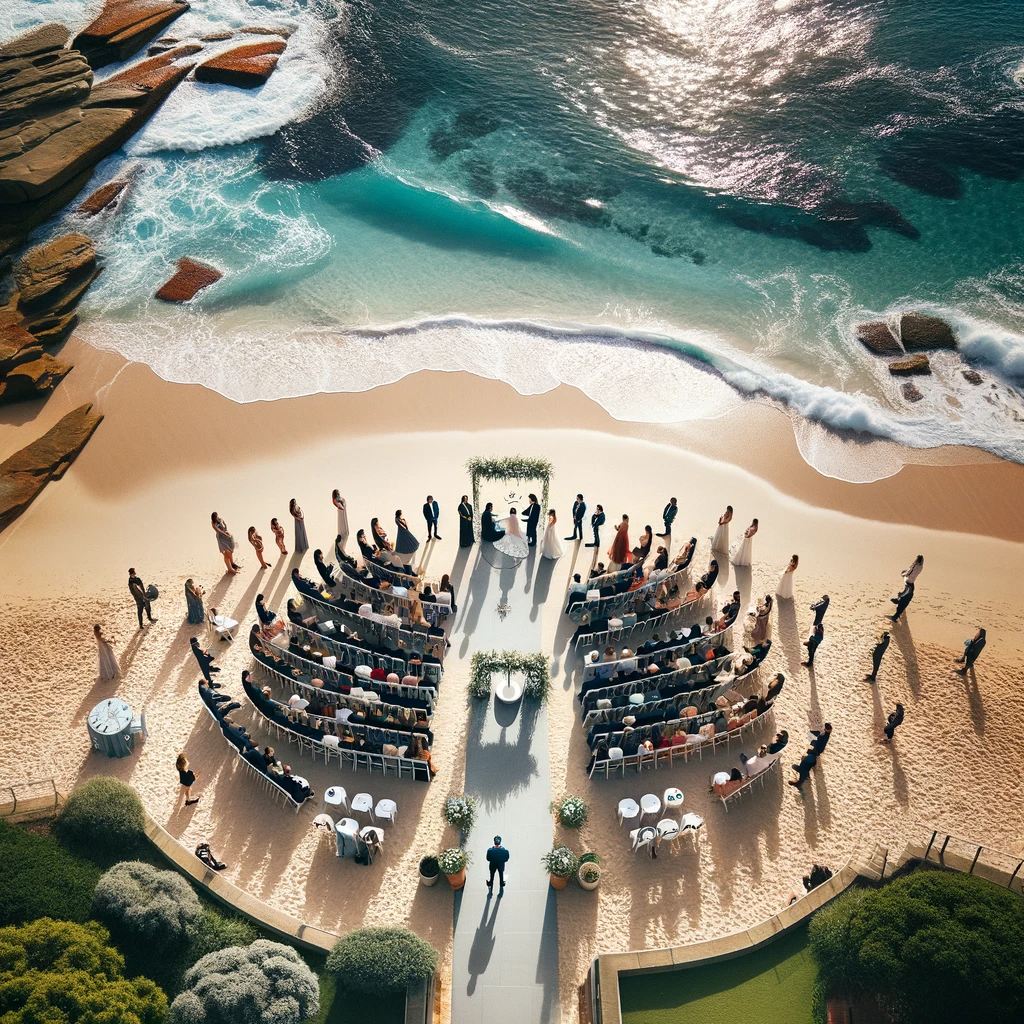 Aerial view of a Sydney beach wedding, highlighting the innovative techniques in Wedding Photography Sydney.