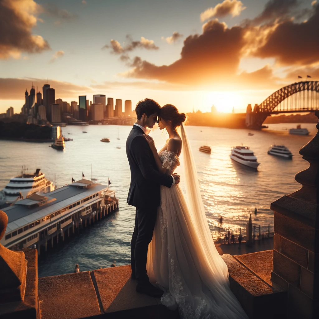 Wedding couple at Sydney Harbour during sunset