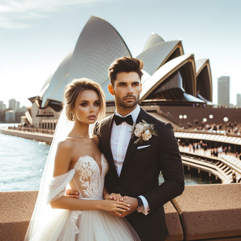 Bride and groom posing near Sydney Opera House