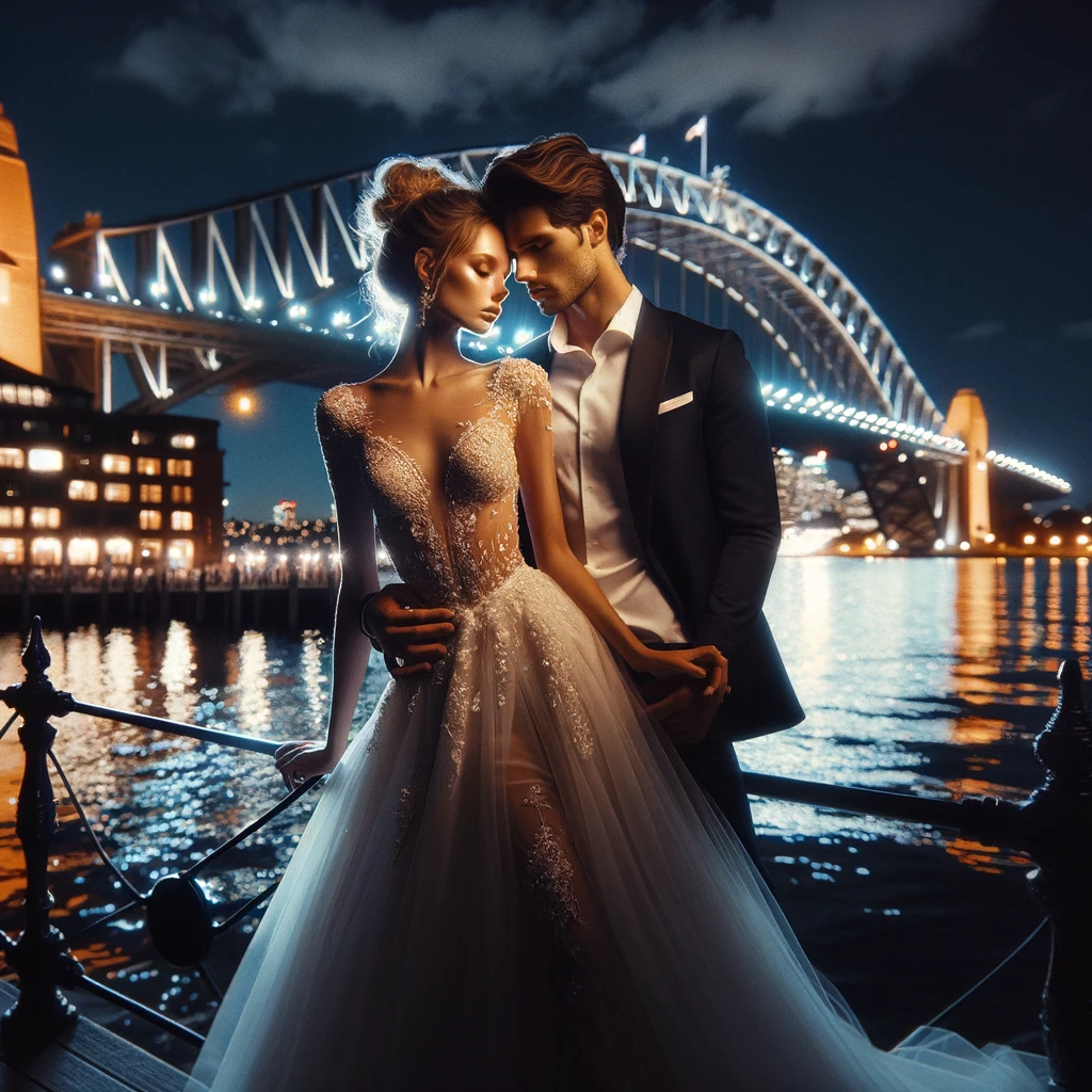 Wedding couple posing at night with the illuminated Sydney Harbour Bridge in the background, showcasing the romance of Sydney's nightlife in wedding photography.